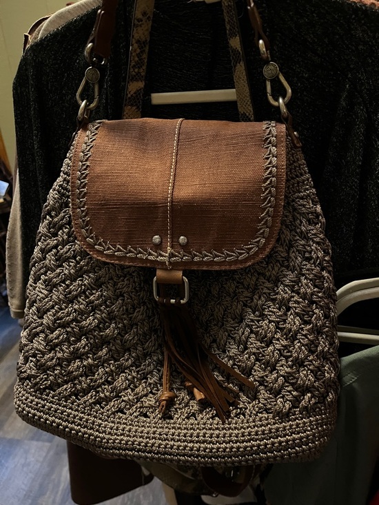 The Sak Handbags - The Sak Brown and Gray Crochet Woven backpack purse with Tassel Strap